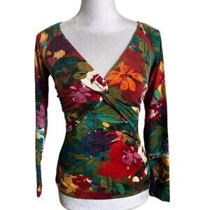 Caché vtg 90s y2k floral front twist bodycon top floral blouse small